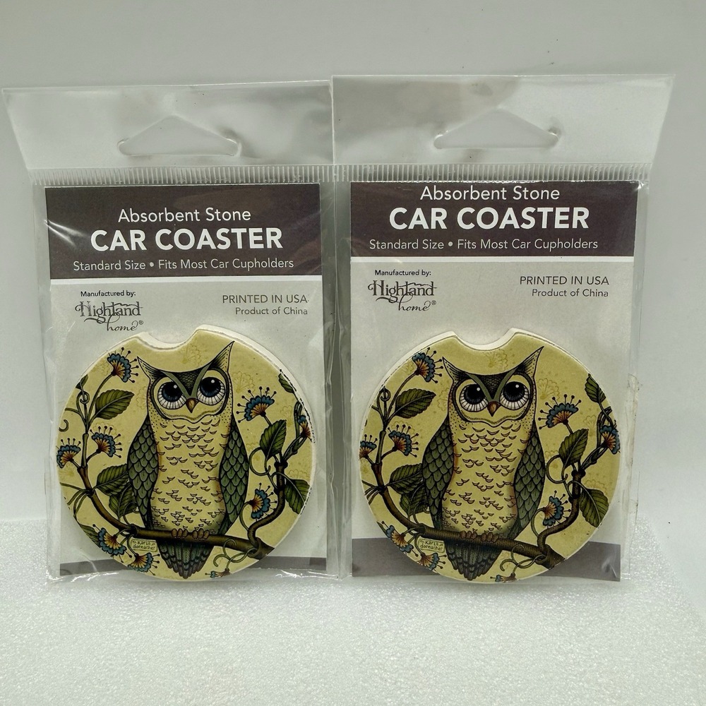 Highland Home Absorbent Stone Car Coasters Owl With Butterfly Leaves‎ Lot of 2